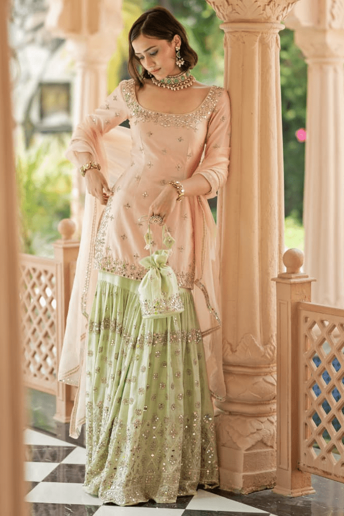 Blush Pink and Mint Green Kurta Sharara Set Esha Koul - Fabilicious Fashion