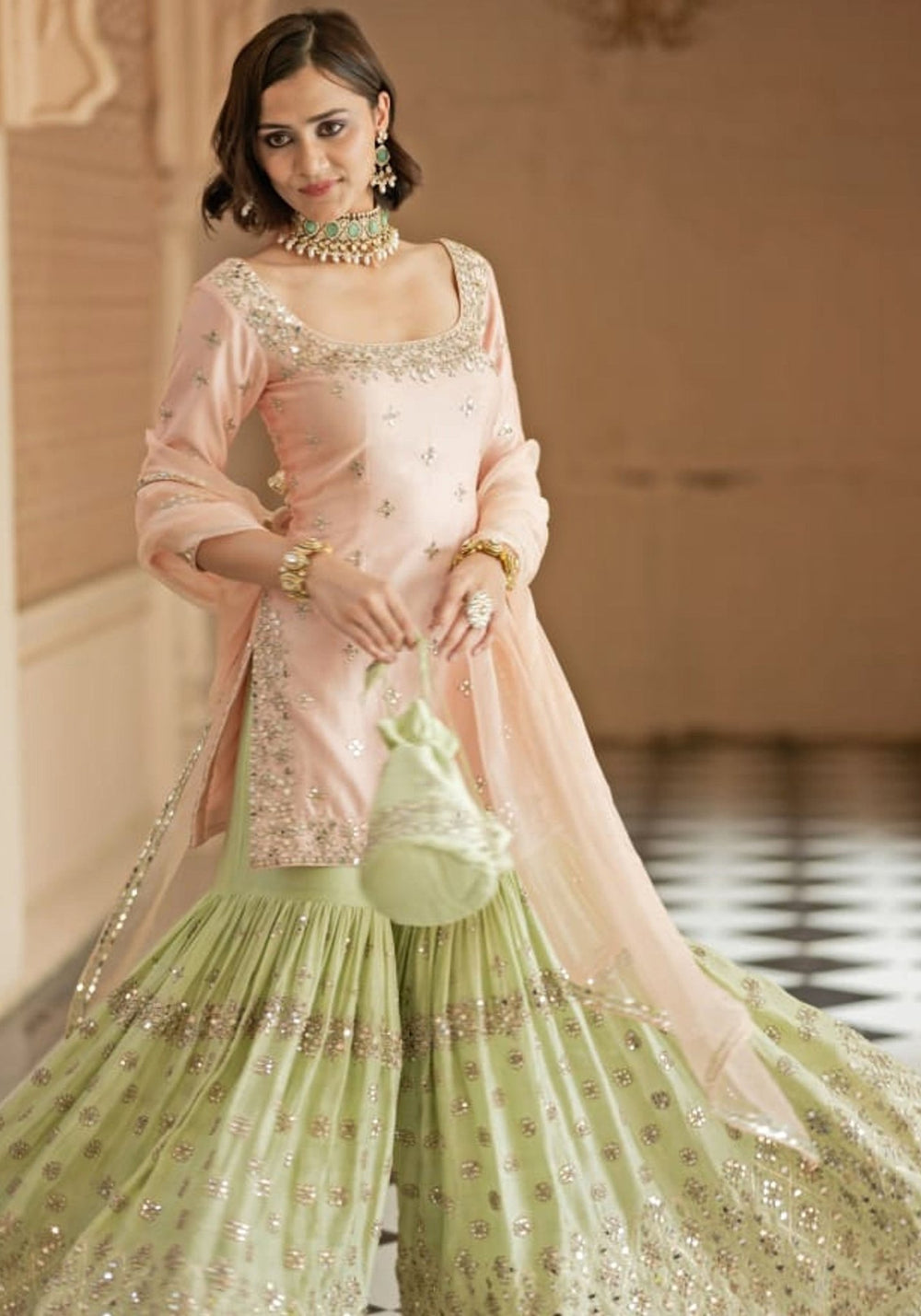 Blush Pink and Mint Green Kurta Sharara Set Esha Koul - Fabilicious Fashion