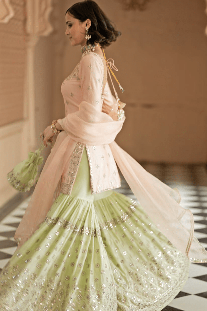 Blush Pink and Mint Green Kurta Sharara Set Esha Koul - Fabilicious Fashion