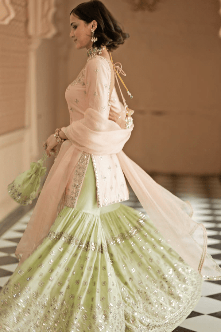 Blush Pink and Mint Green Kurta Sharara Set Esha Koul - Fabilicious Fashion
