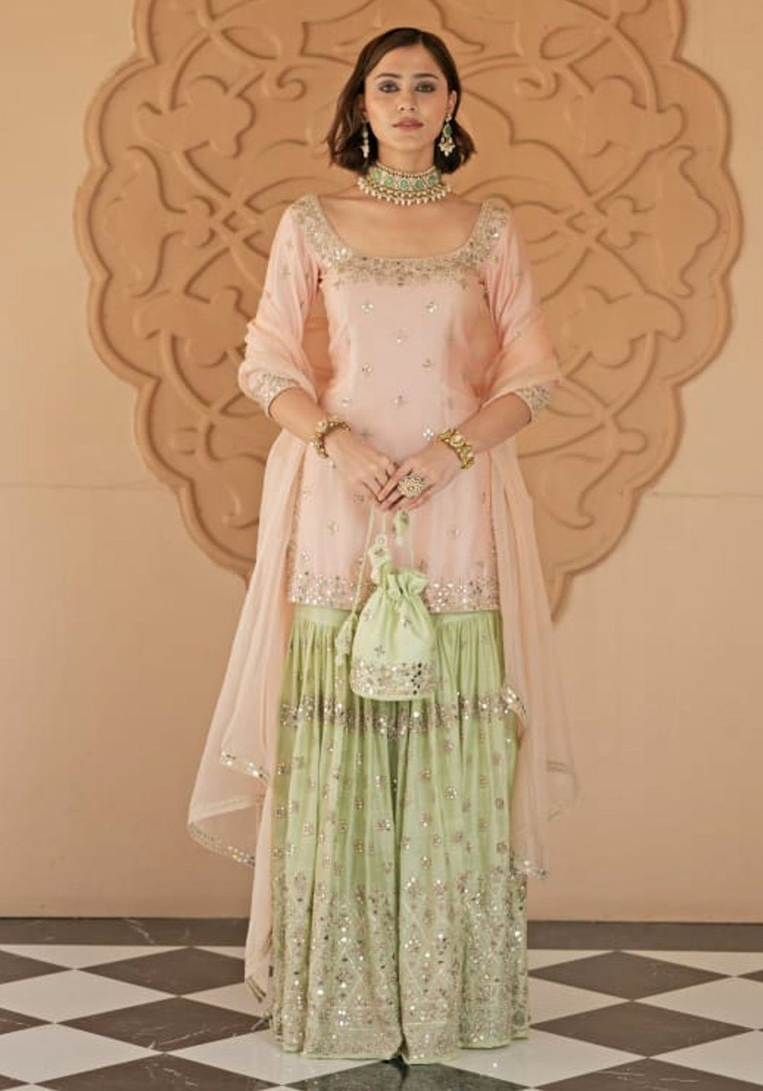 Blush Pink and Mint Green Kurta Sharara Set Esha Koul - Fabilicious Fashion