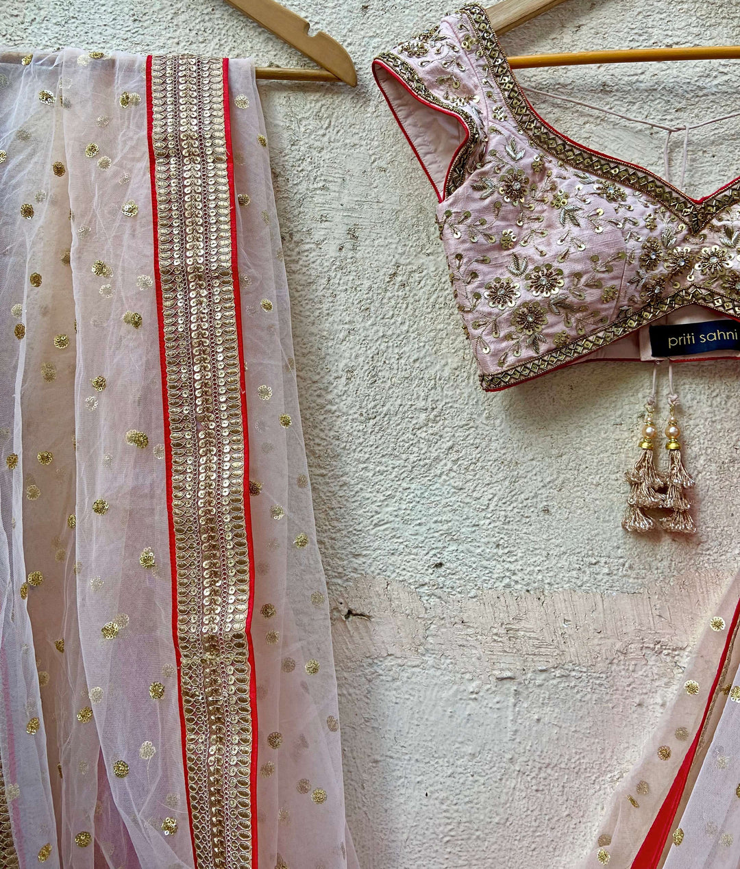 Blush Pink and Red Lehenga Set Priti Sahni - Fabilicious Fashion
