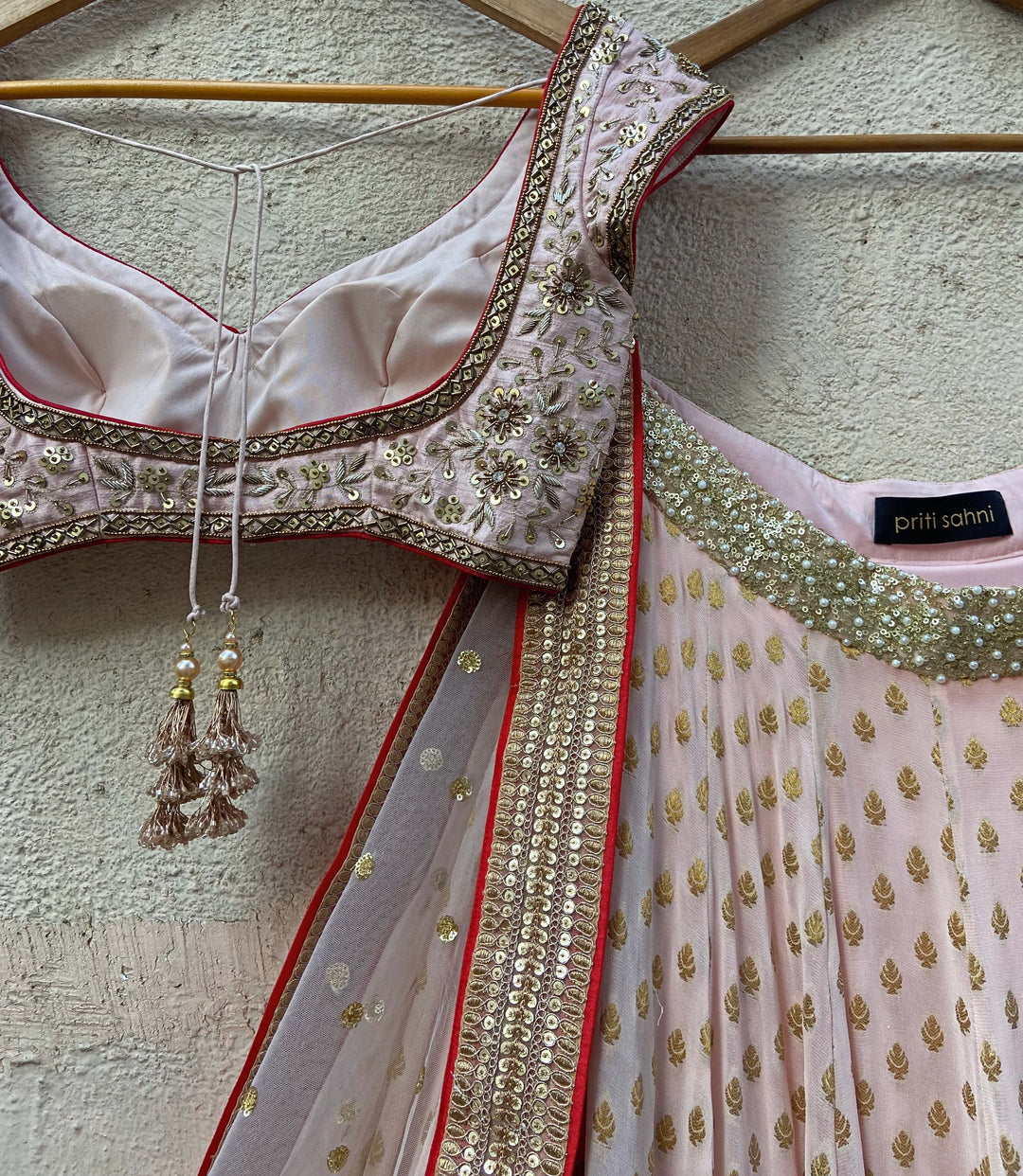 Blush Pink and Red Lehenga Set Priti Sahni - Fabilicious Fashion