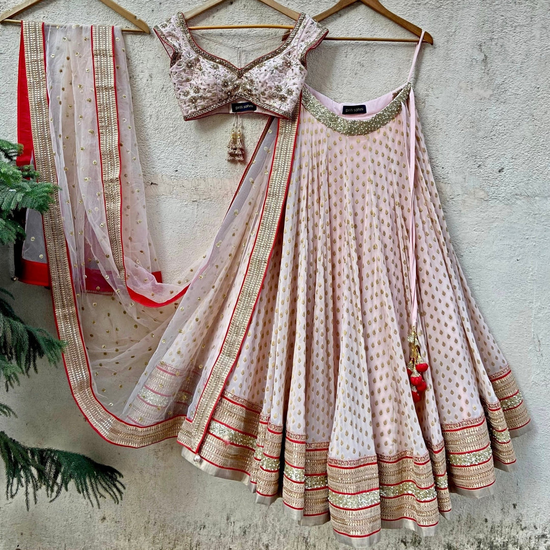 Blush Pink and Red Lehenga Set Priti Sahni - Fabilicious Fashion
