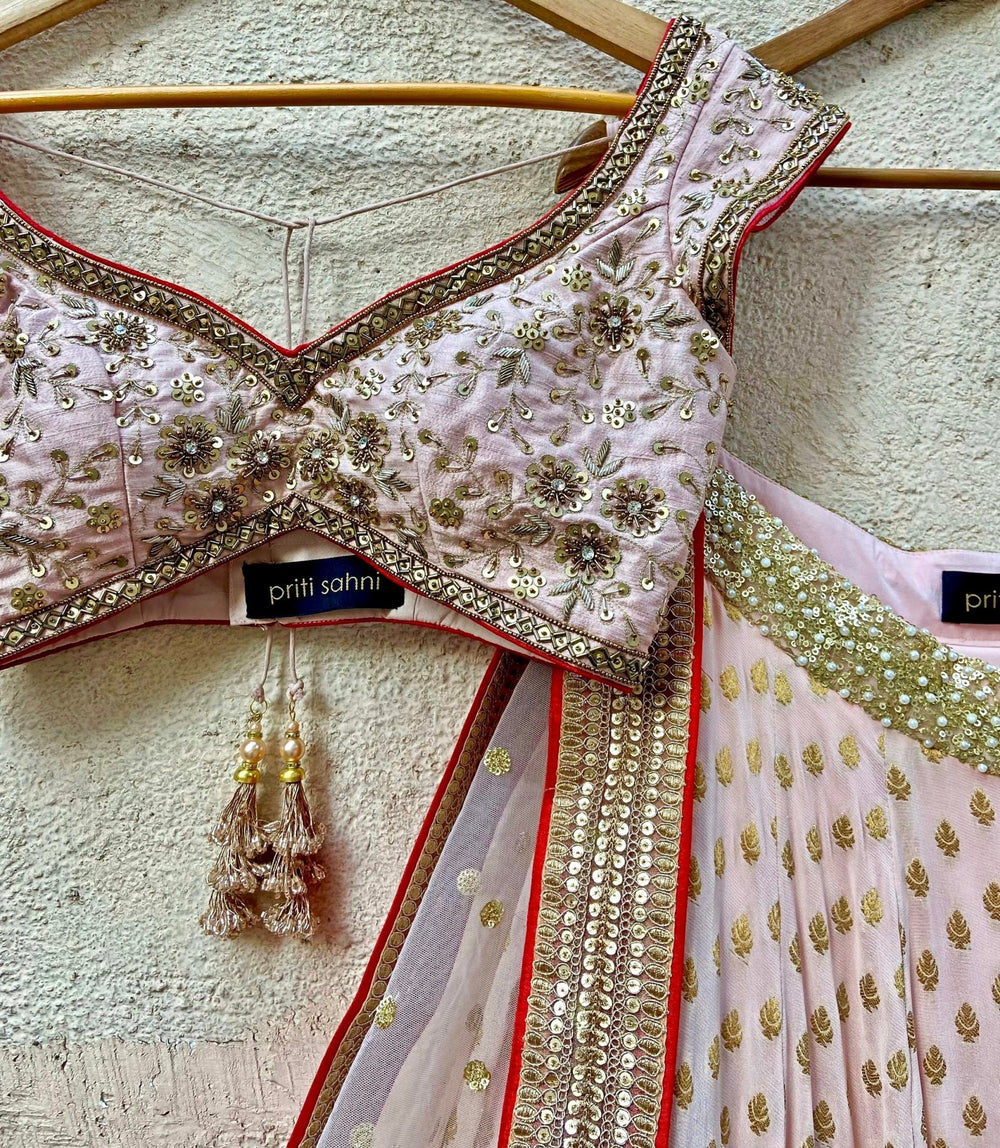 Blush Pink and Red Lehenga Set Priti Sahni - Fabilicious Fashion
