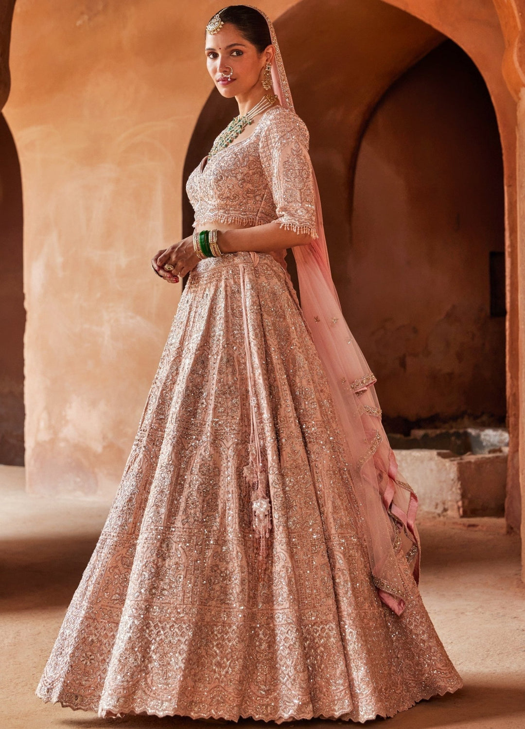 Blush Pink Bridal Silk Lehenga Set With Beads And Crystal Work Nitika Gujral - Fabilicious Fashion