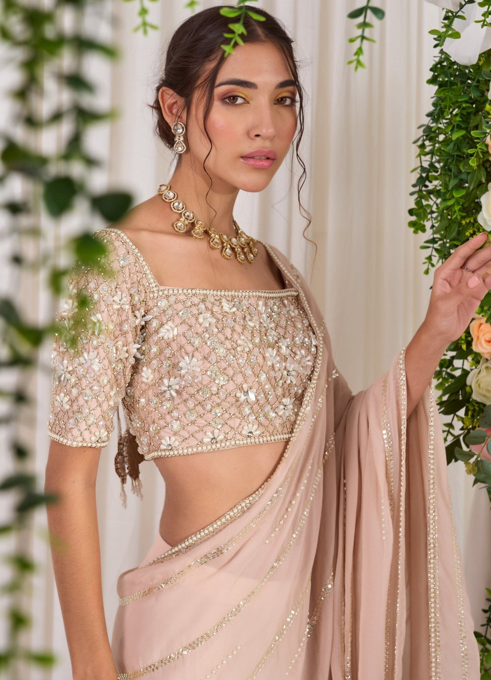 Blush Pink Embellished Georgette Saree With Blouse Nidhika Shekhar - Fabilicious Fashion