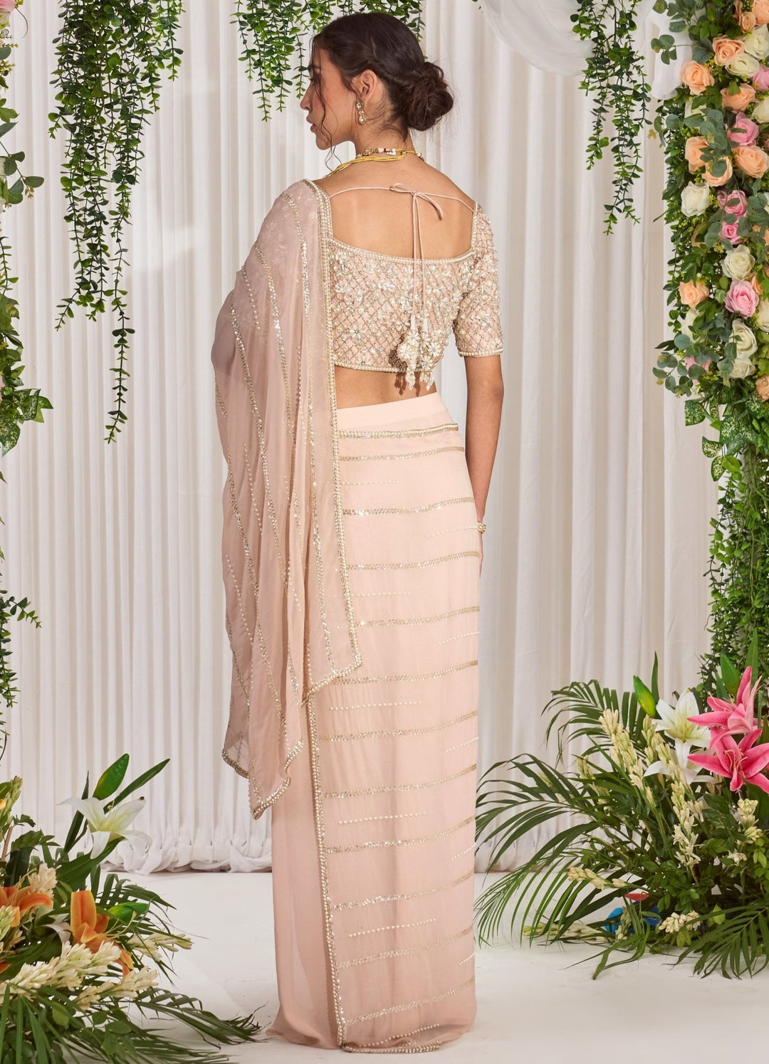 Blush Pink Embellished Georgette Saree With Blouse Nidhika Shekhar - Fabilicious Fashion