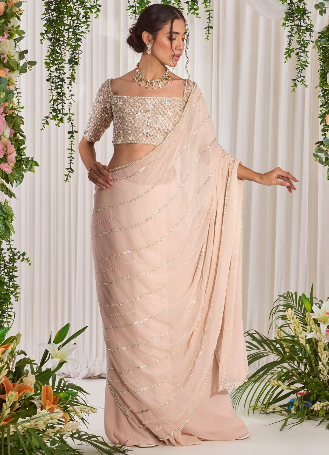 Blush Pink Embellished Georgette Saree With Blouse Nidhika Shekhar - Fabilicious Fashion