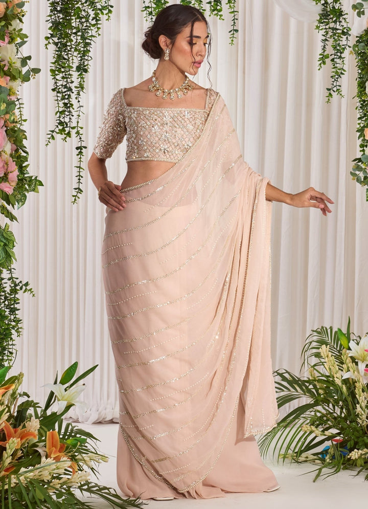 Blush Pink Embellished Georgette Saree With Blouse Nidhika Shekhar - Fabilicious Fashion