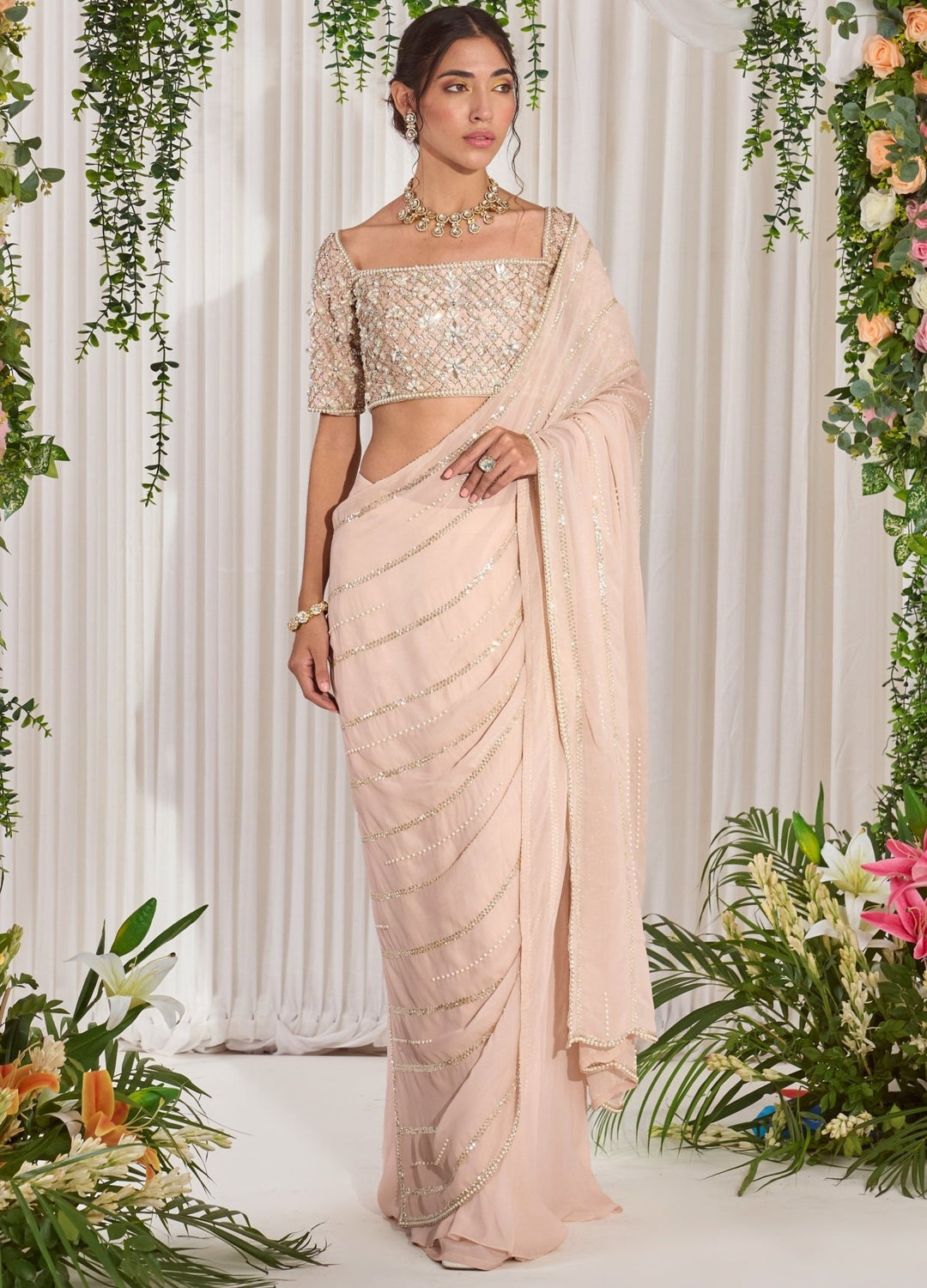 Blush Pink Embellished Georgette Saree With Blouse Nidhika Shekhar - Fabilicious Fashion