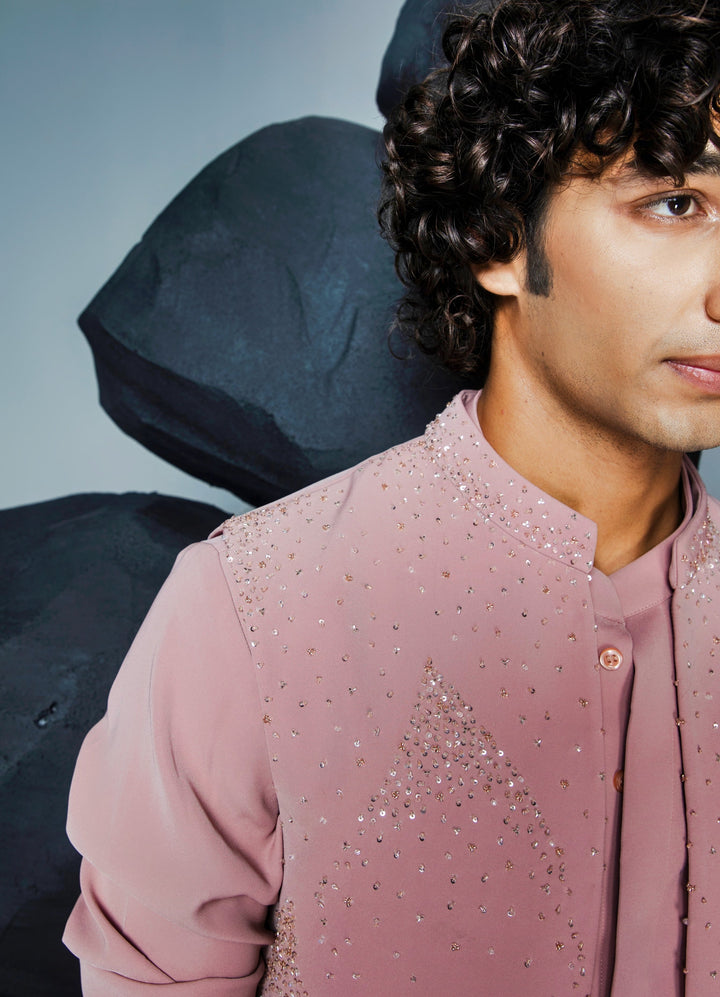 Blush Pink Embellished Shrug Set With Kurta Contrast By Parth - Fabilicious Fashion