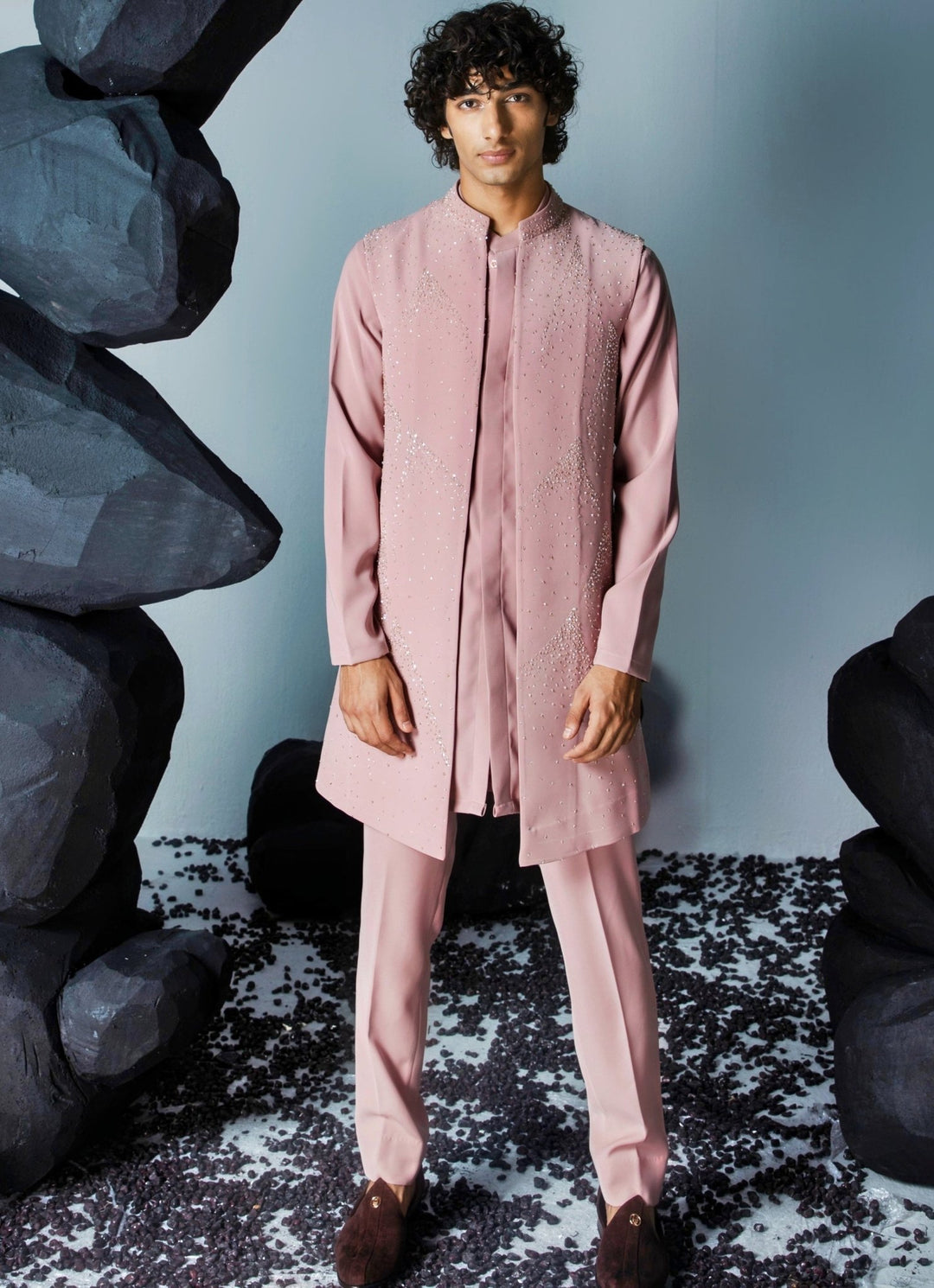 Blush Pink Embellished Shrug Set With Kurta Contrast By Parth - Fabilicious Fashion