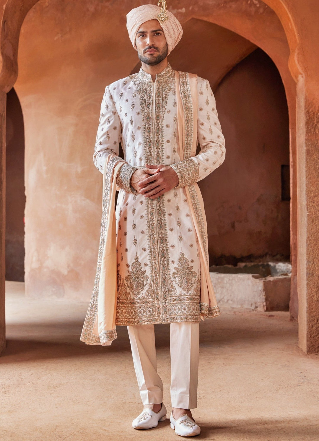 Blush Pink Embellished Silk Sherwani Set With Trousers Nitika Gujral - Men - Fabilicious Fashion