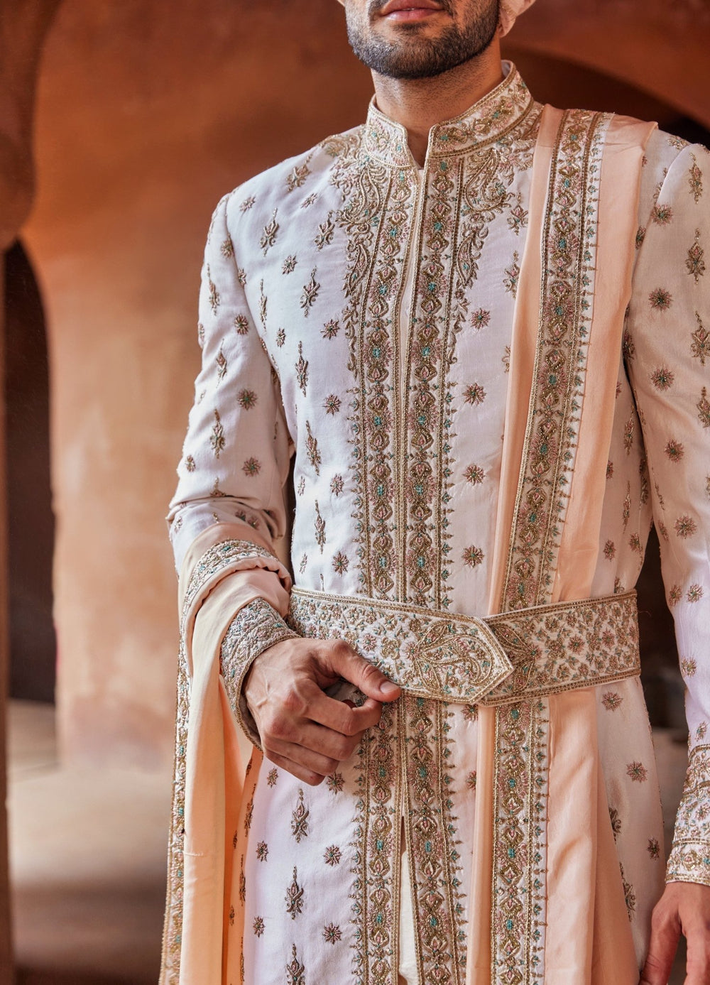 Blush Pink Embellished Silk Sherwani Set With Trousers Nitika Gujral - Men - Fabilicious Fashion