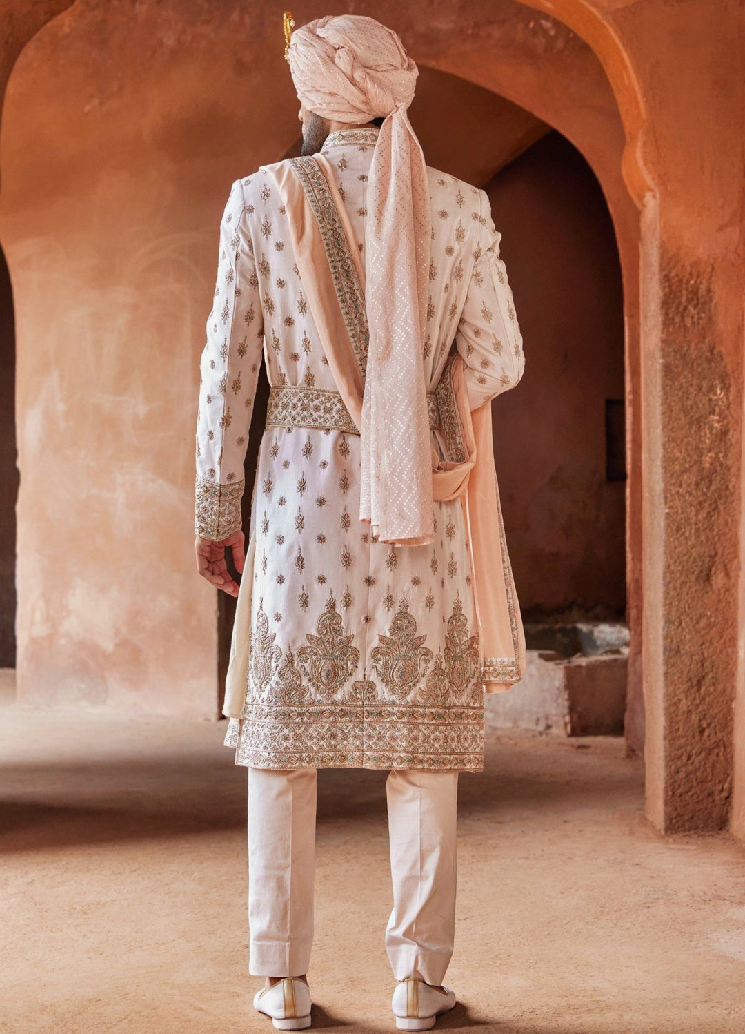 Blush Pink Embellished Silk Sherwani Set With Trousers Nitika Gujral - Men - Fabilicious Fashion