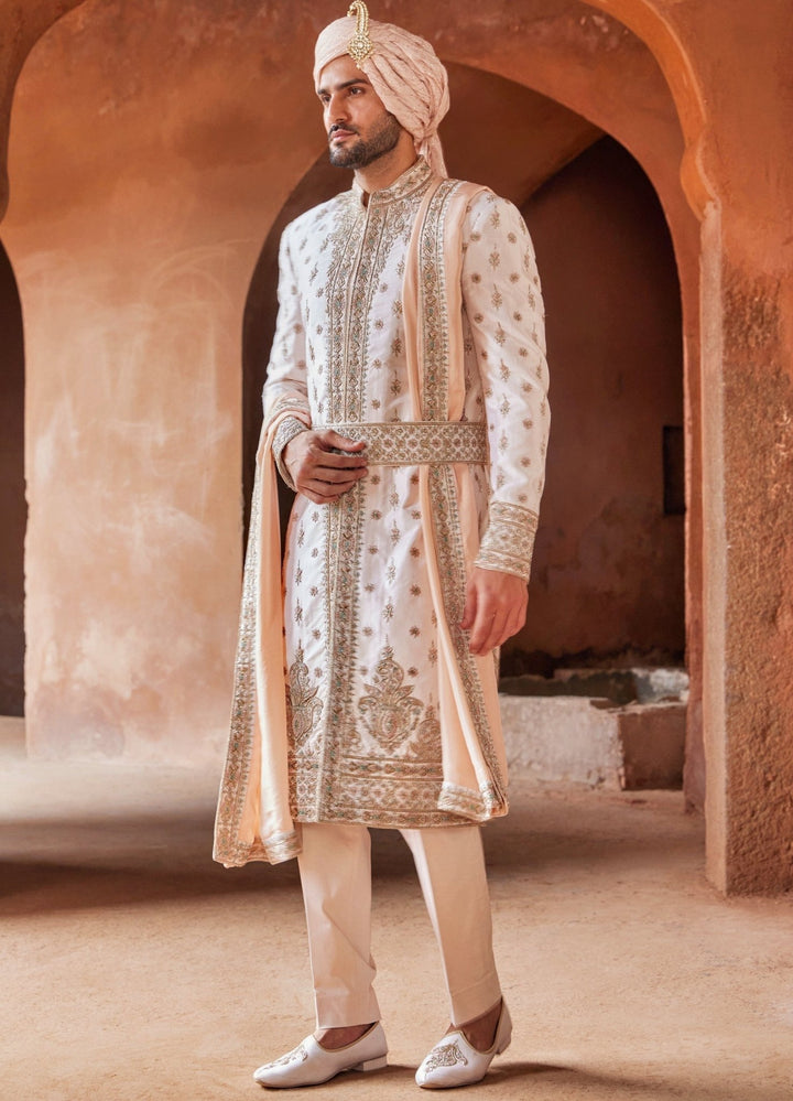 Blush Pink Embellished Silk Sherwani Set With Trousers Nitika Gujral - Men - Fabilicious Fashion