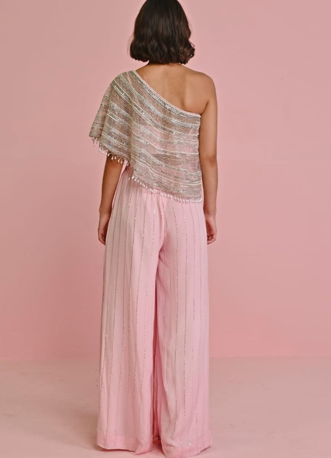 Blush Pink Embroidered Net Cape and Georgette Pants Set Chamee n Palak - Fabilicious Fashion