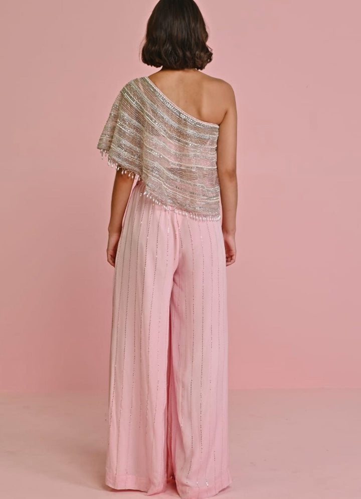 Blush Pink Embroidered Net Cape and Georgette Pants Set Chamee n Palak - Fabilicious Fashion