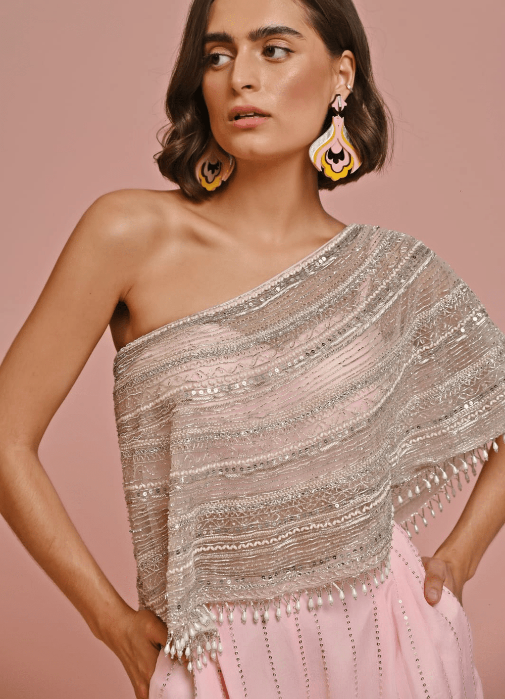 Blush Pink Embroidered Net Cape and Georgette Pants Set Chamee n Palak - Fabilicious Fashion