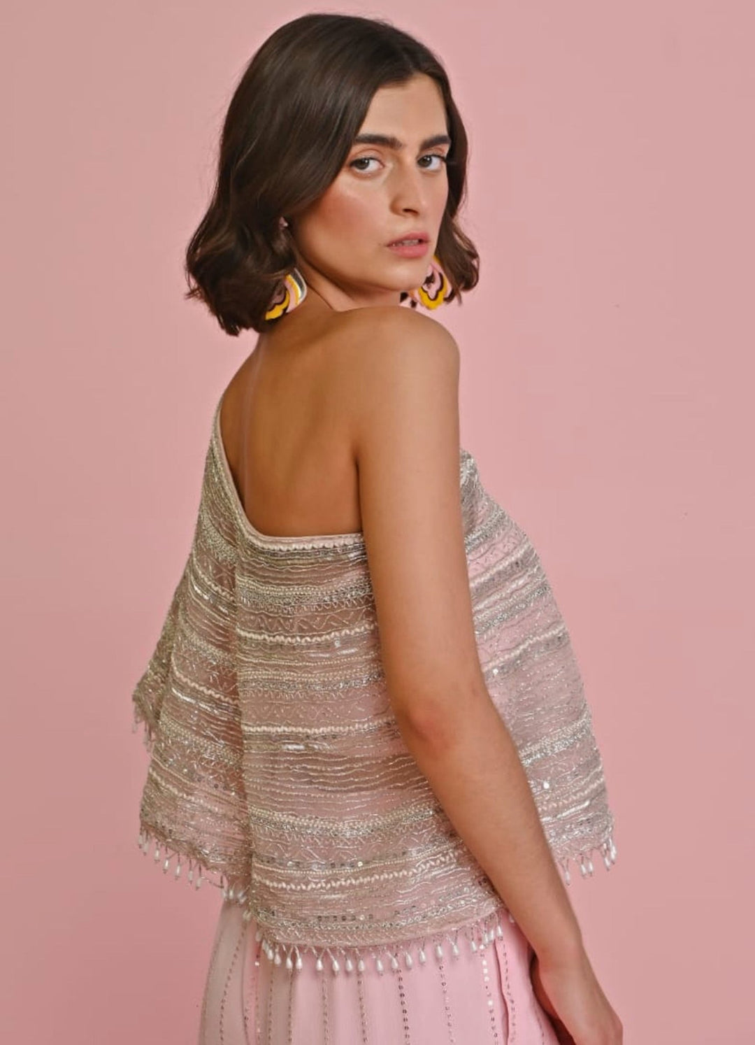 Blush Pink Embroidered Net Cape and Georgette Pants Set Chamee n Palak - Fabilicious Fashion