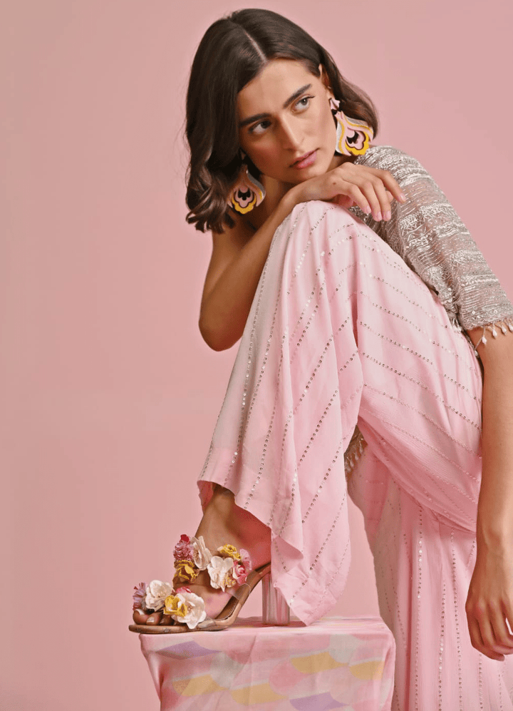 Blush Pink Embroidered Net Cape and Georgette Pants Set Chamee n Palak - Fabilicious Fashion