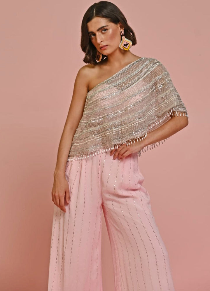Blush Pink Embroidered Net Cape and Georgette Pants Set Chamee n Palak - Fabilicious Fashion