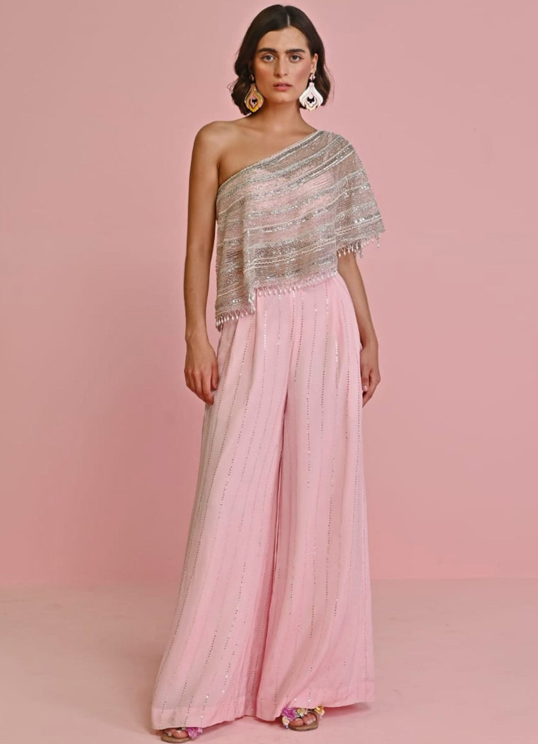 Blush Pink Embroidered Net Cape and Georgette Pants Set Chamee n Palak - Fabilicious Fashion