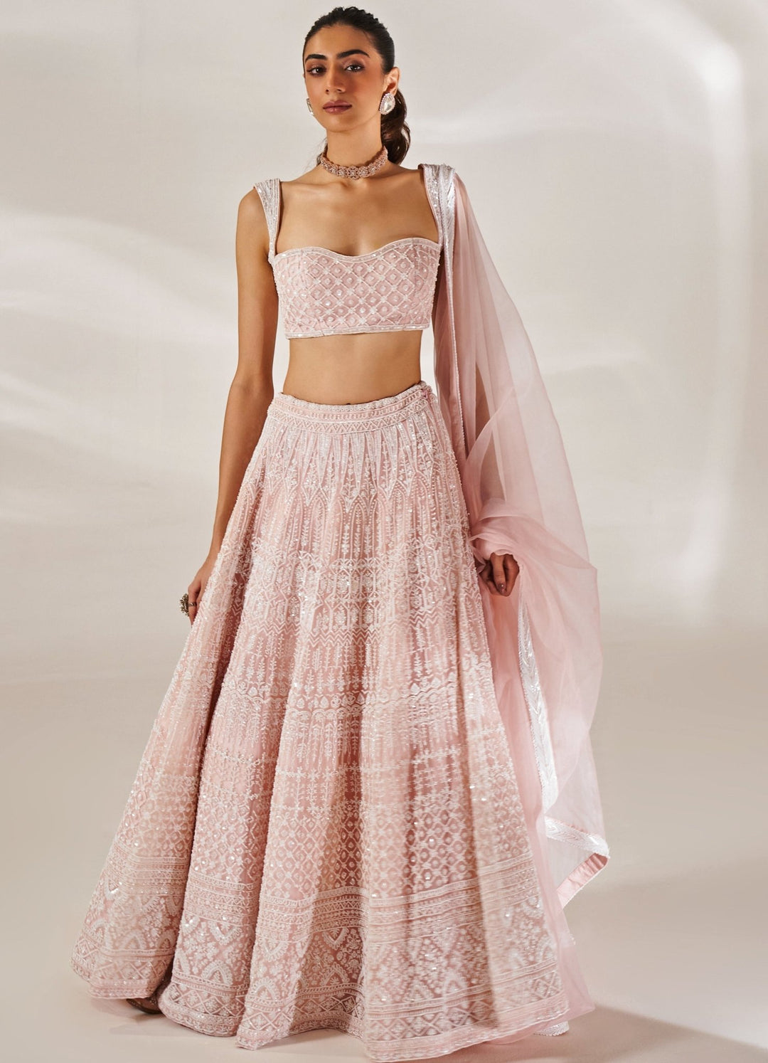 Blush Pink Embroidered Organza Lehenga Set Studio Iris - Fabilicious Fashion