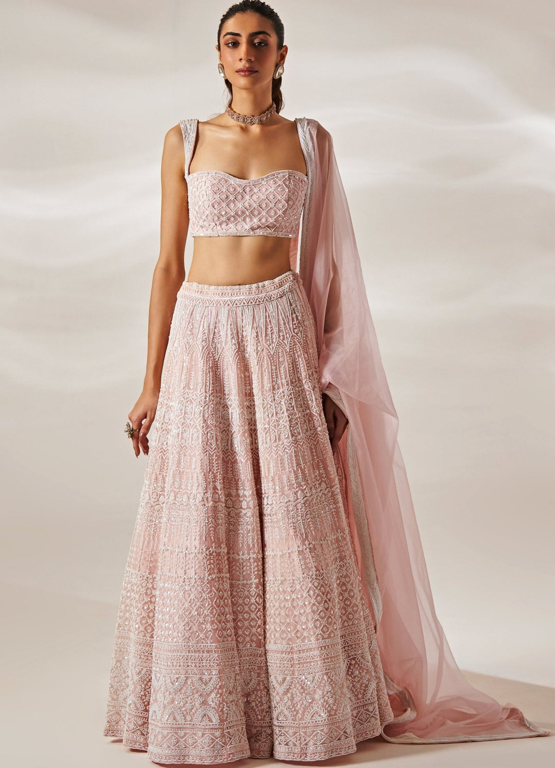 Blush Pink Embroidered Organza Lehenga Set Studio Iris - Fabilicious Fashion