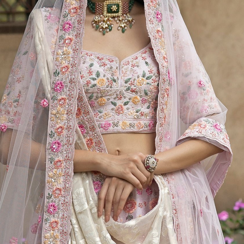 Blush Pink Floral Embroidered Raw Silk Double Dupatta Lehenga Set Angad Singh - Fabilicious Fashion