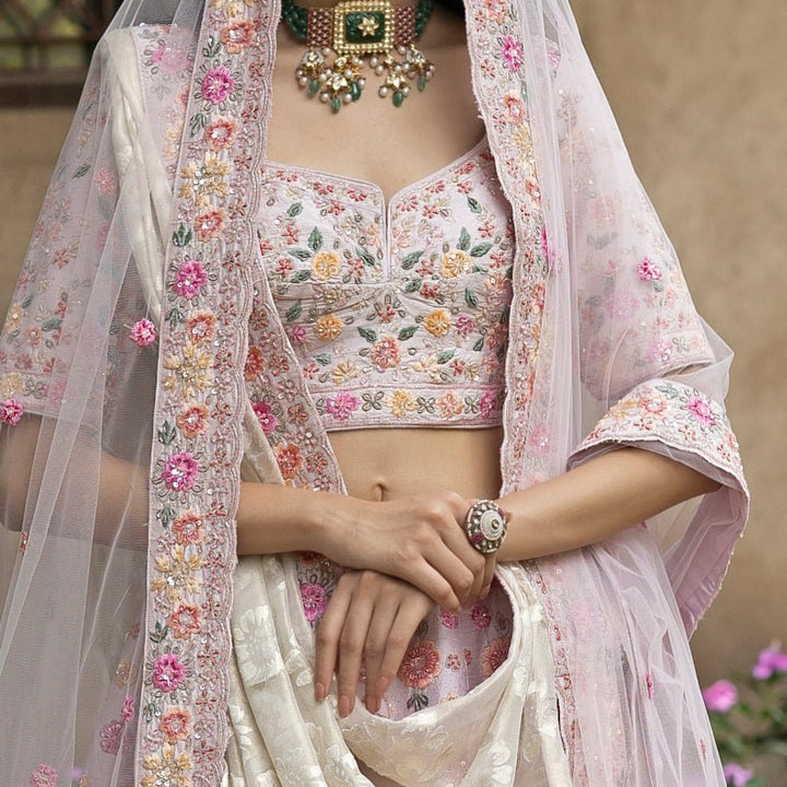 Blush Pink Floral Embroidered Raw Silk Double Dupatta Lehenga Set Angad Singh - Fabilicious Fashion