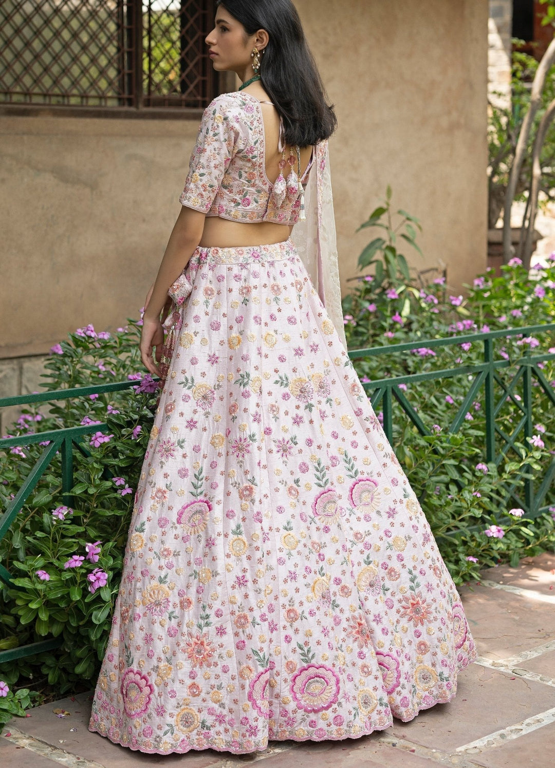 Blush Pink Floral Embroidered Raw Silk Double Dupatta Lehenga Set Angad Singh - Fabilicious Fashion
