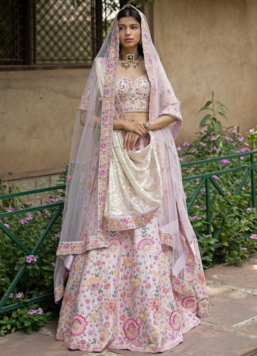Blush Pink Floral Embroidered Raw Silk Double Dupatta Lehenga Set Angad Singh - Fabilicious Fashion