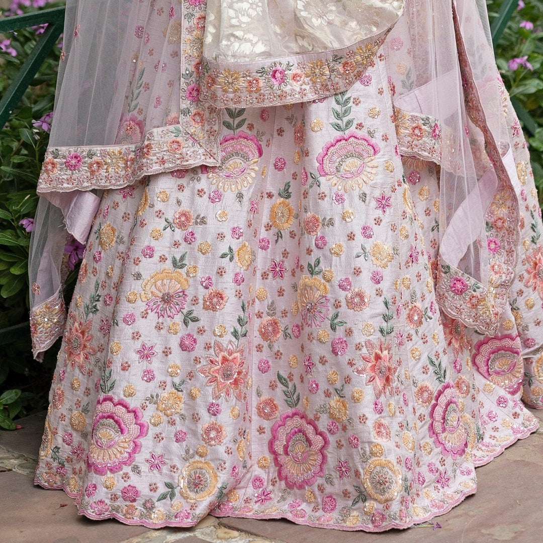 Blush Pink Floral Embroidered Raw Silk Double Dupatta Lehenga Set Angad Singh - Fabilicious Fashion
