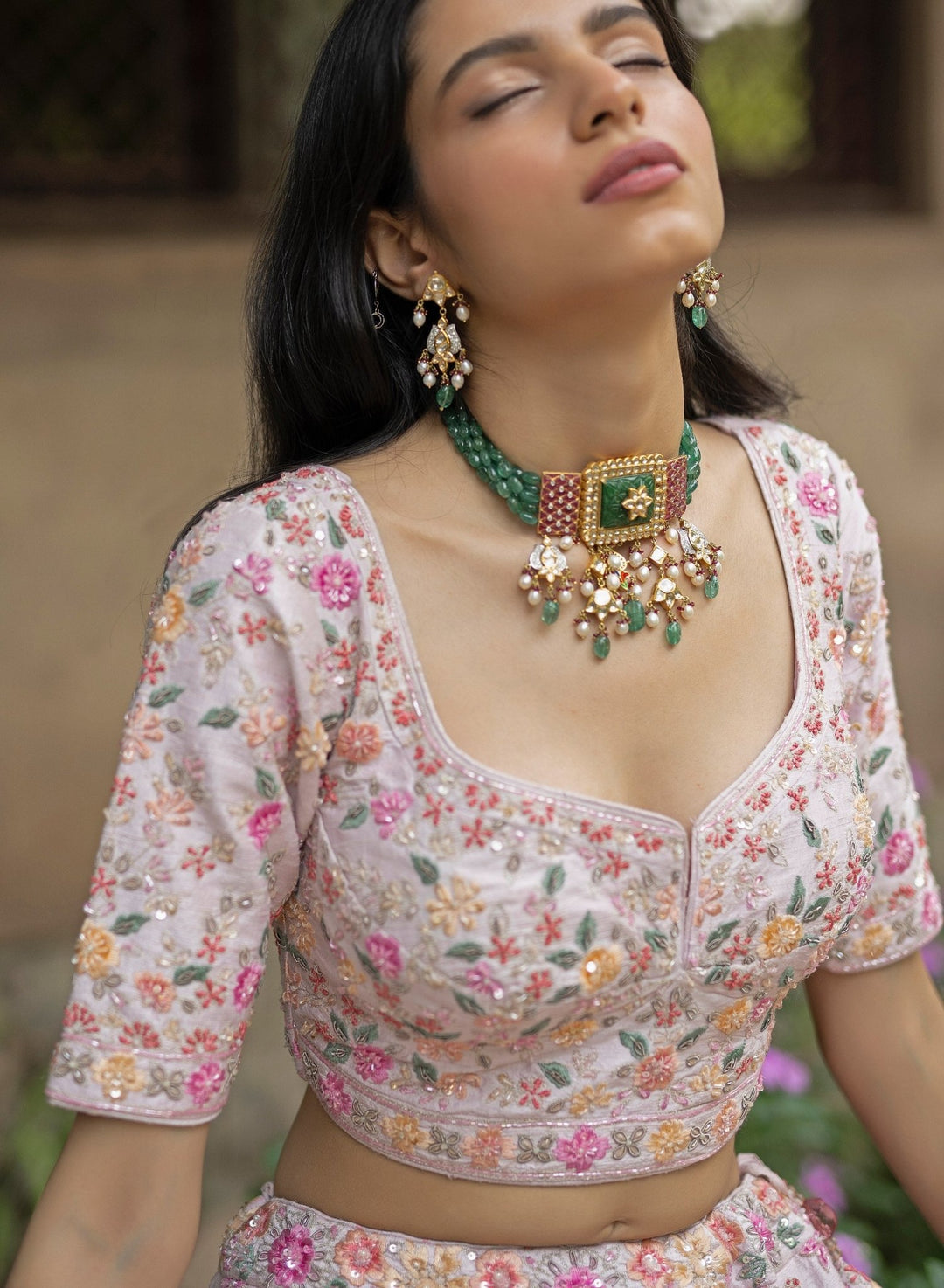 Blush Pink Floral Embroidered Raw Silk Double Dupatta Lehenga Set Angad Singh - Fabilicious Fashion
