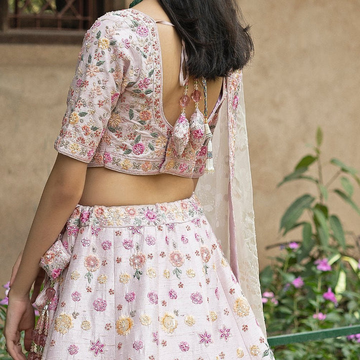 Blush Pink Floral Embroidered Raw Silk Double Dupatta Lehenga Set Angad Singh - Fabilicious Fashion