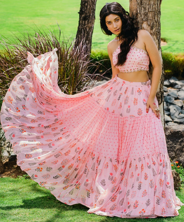 Blush Pink Floral Printed Crop-Top And Flared Lehenga Set Redpine - Fabilicious Fashion