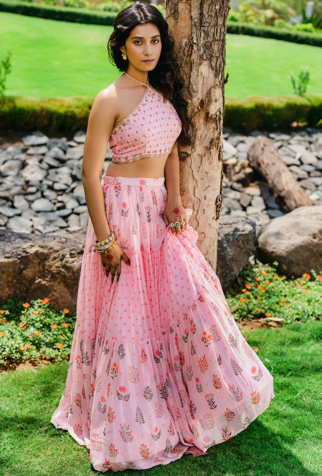 Blush Pink Floral Printed Crop-Top And Flared Lehenga Set Redpine - Fabilicious Fashion