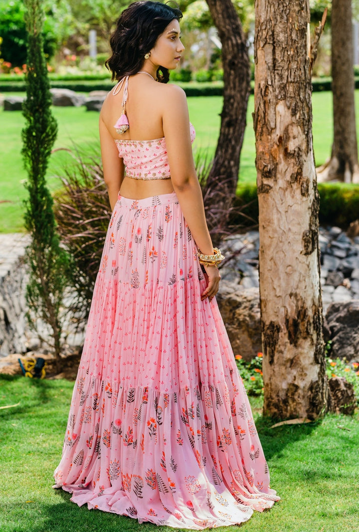 Blush Pink Floral Printed Crop-Top And Flared Lehenga Set Redpine - Fabilicious Fashion