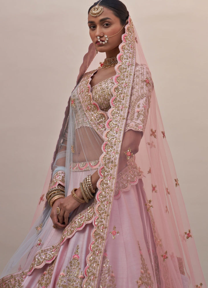 Blush Pink Heritage Border Double Dupatta Lehenga Set Angad Singh - Fabilicious Fashion