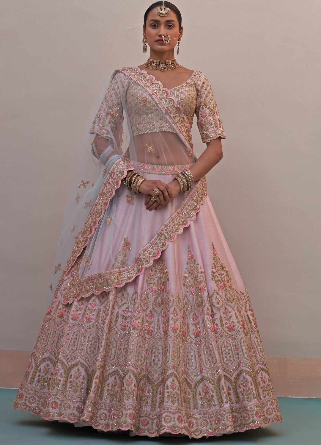 Blush Pink Heritage Border Double Dupatta Lehenga Set Angad Singh - Fabilicious Fashion