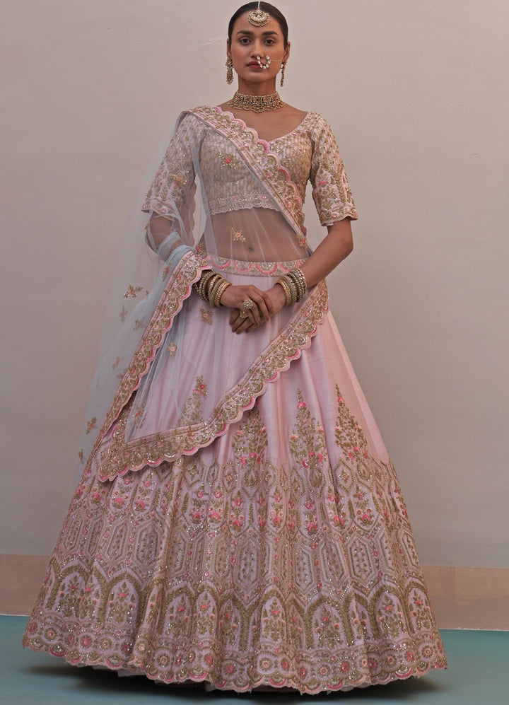 Blush Pink Heritage Border Double Dupatta Lehenga Set Angad Singh - Fabilicious Fashion