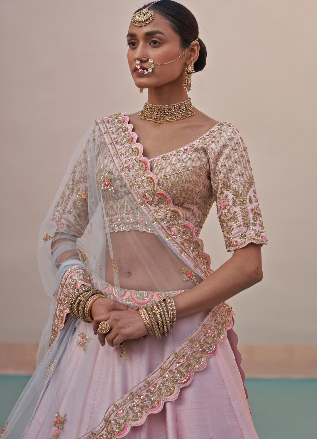Blush Pink Heritage Border Double Dupatta Lehenga Set Angad Singh - Fabilicious Fashion