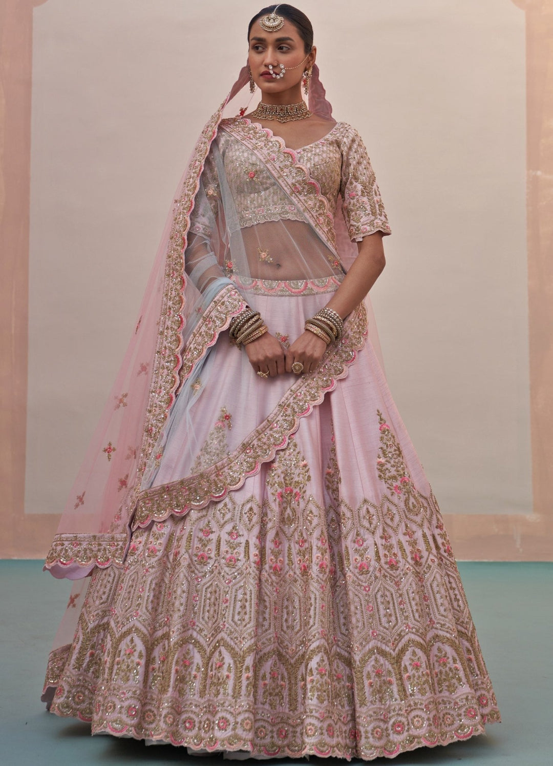 Blush Pink Heritage Border Double Dupatta Lehenga Set Angad Singh - Fabilicious Fashion