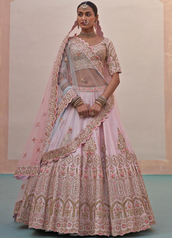 Blush Pink Heritage Border Double Dupatta Lehenga Set Angad Singh - Fabilicious Fashion