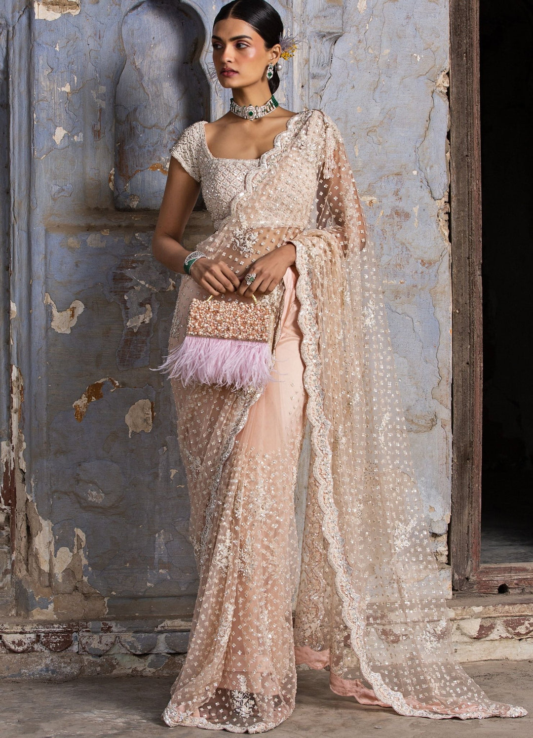 Blush Pink Net Saree With Crystals Set Nitika Gujral - Fabilicious Fashion