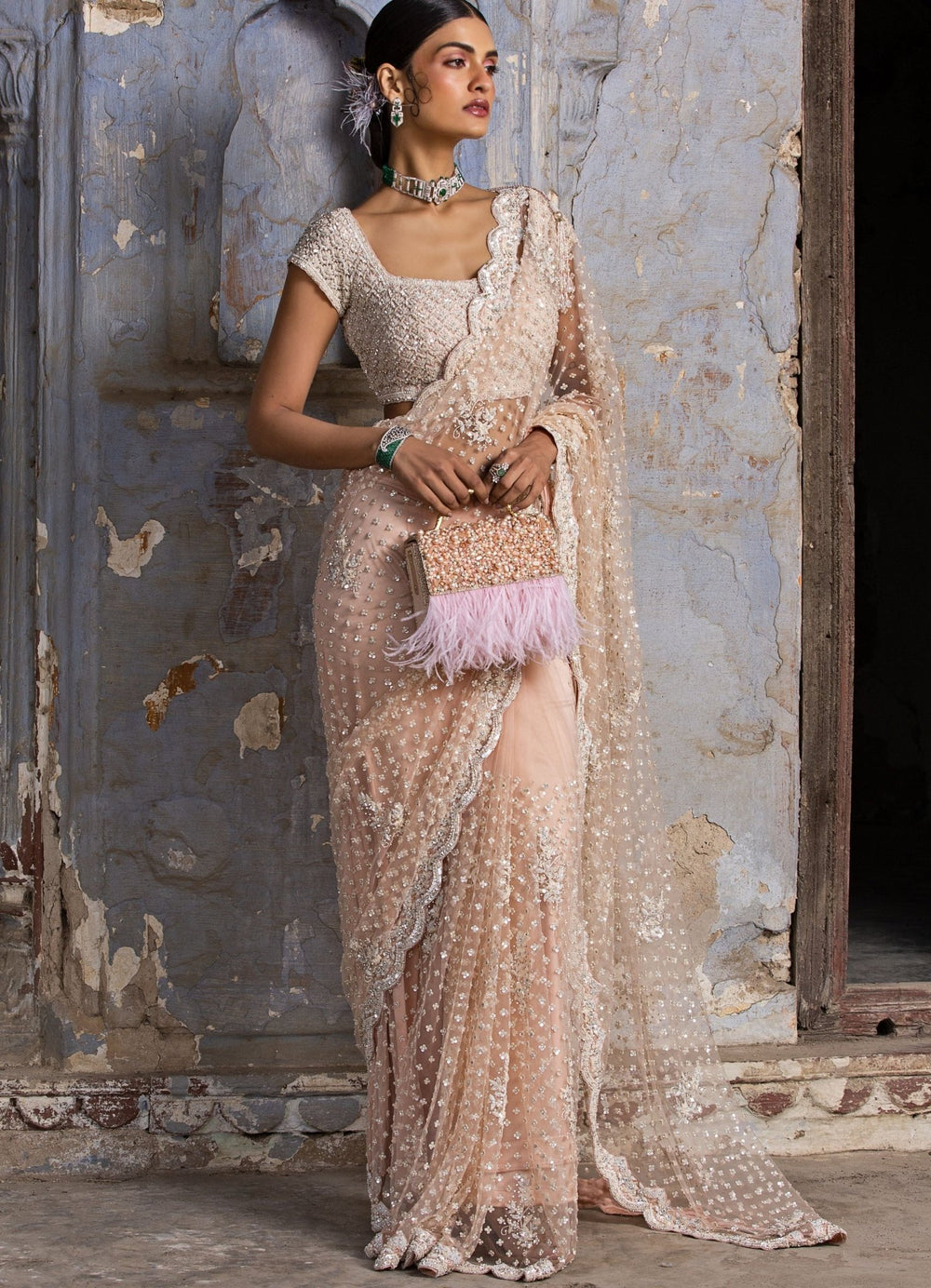 Blush Pink Net Saree With Crystals Set Nitika Gujral - Fabilicious Fashion