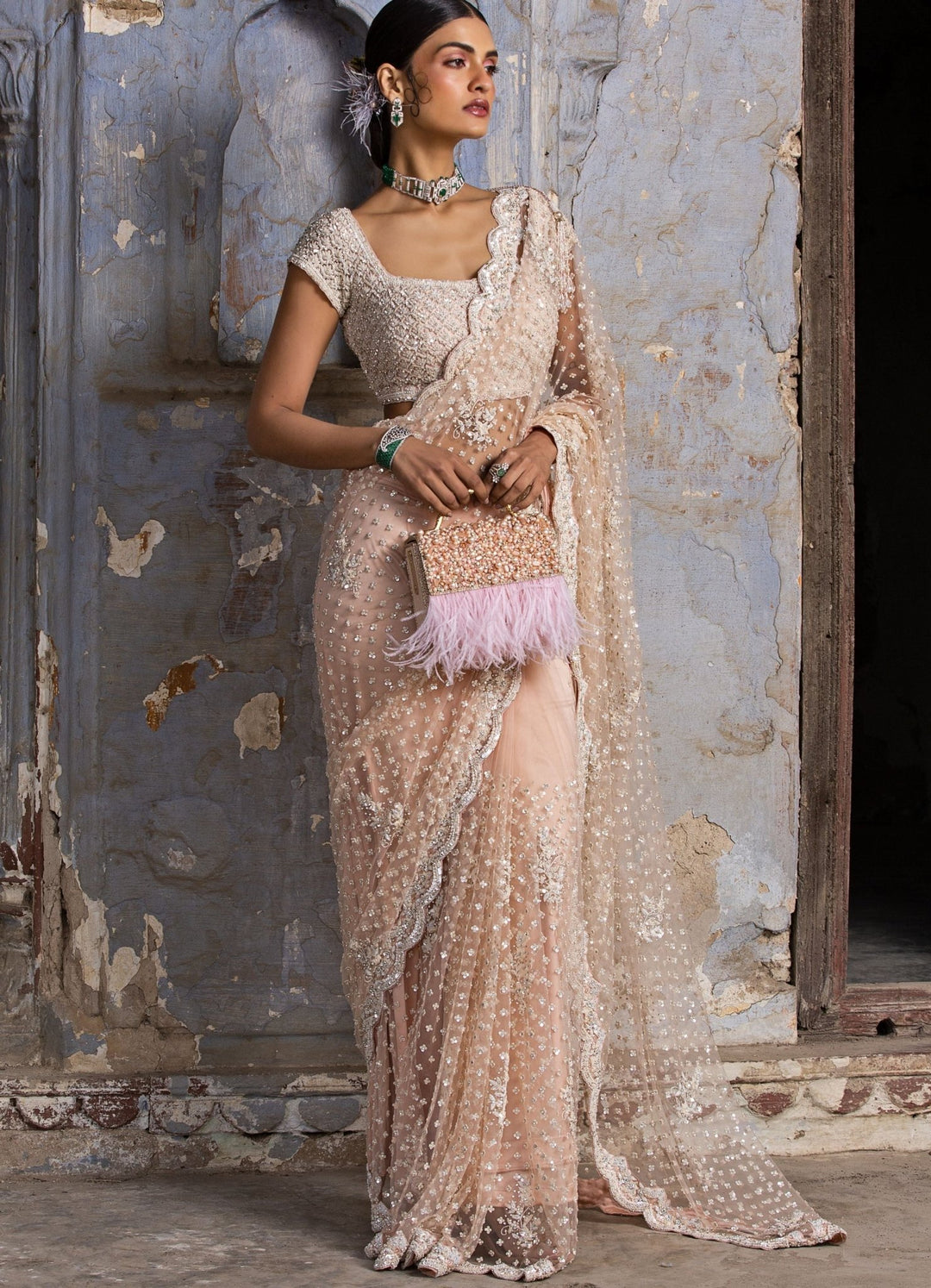 Blush Pink Net Saree With Crystals Set Nitika Gujral - Fabilicious Fashion