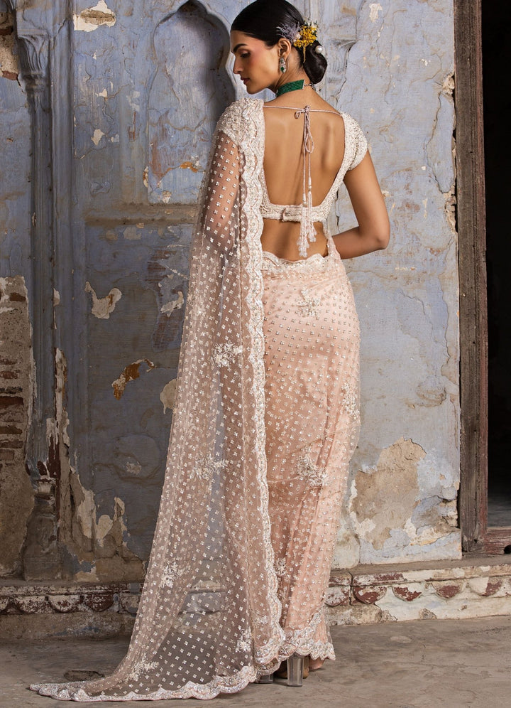 Blush Pink Net Saree With Crystals Set Nitika Gujral - Fabilicious Fashion